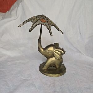 VTG Brass Elephant with Flower Print Umbrella 7 In Tall MCM Home Decor Figurine